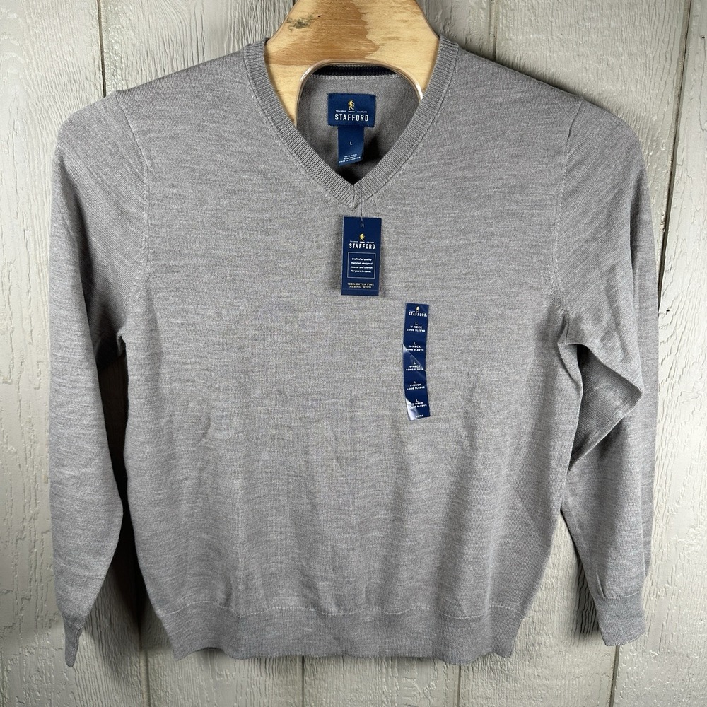 NEW Stafford 100% Wool Vneck Sweater Mens Size Large Taupe Beige Long Sleeve